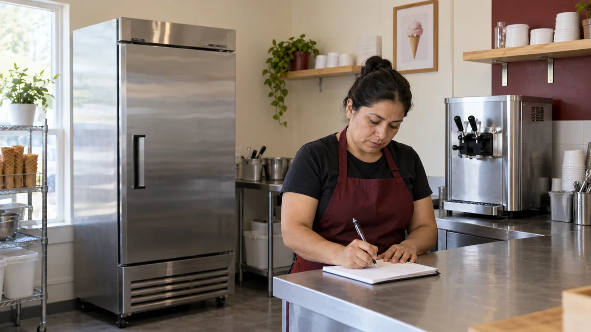 Encargada de una heladería registra una interrupción del servicio junto a un refrigerador cerrado y una máquina de helado suave.