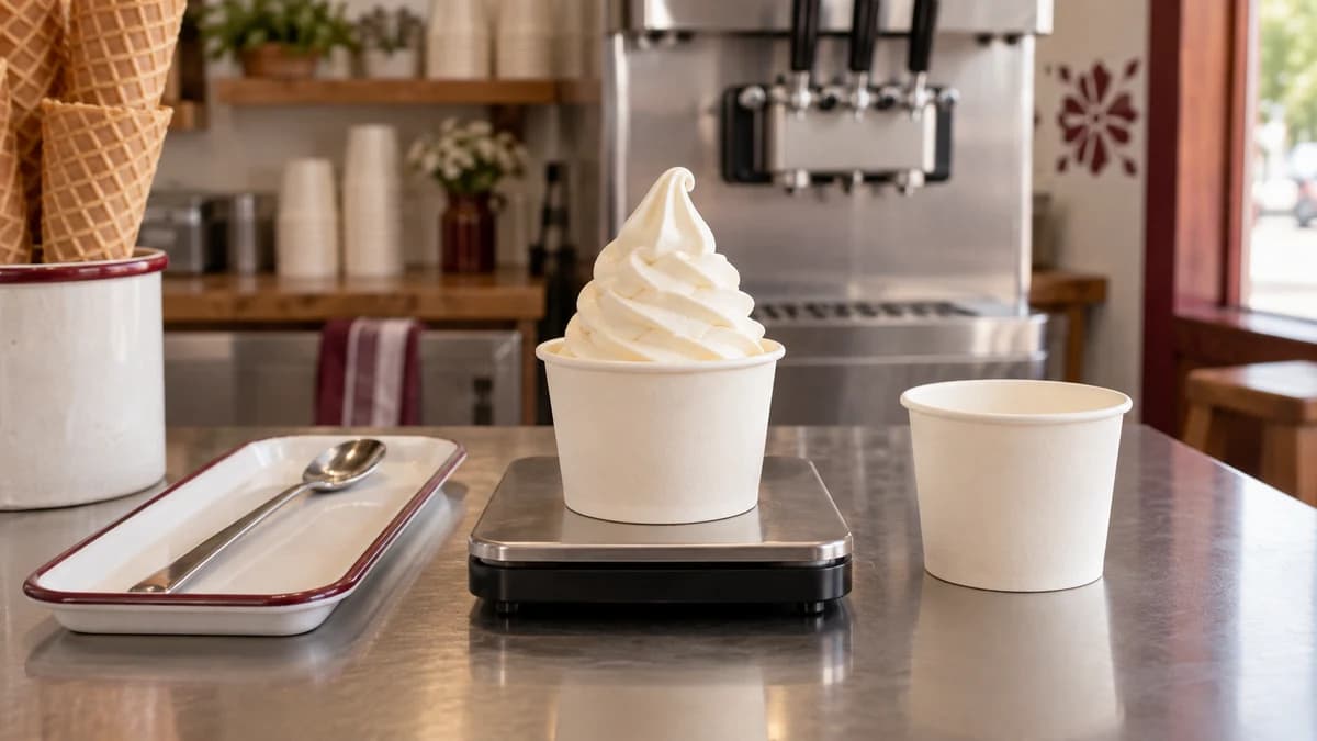 Vaso con helado suave sobre una báscula en el mostrador de una heladería, junto a un vaso vacío.